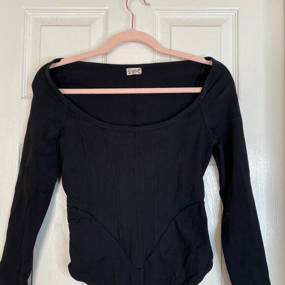 FREE PEOPLE Intimately Black Thong Corset Bodysuit Bustier Long Sleeve Small - Picture 3 of 5
